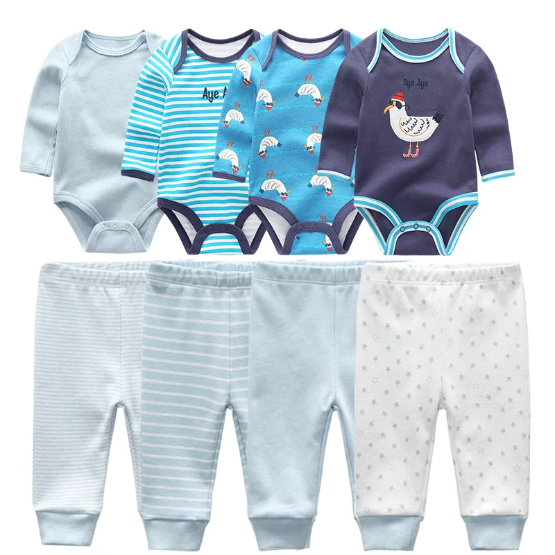 4pcs Baby Bodysuits+4pcs Baby Pants Newborn Clothes Sets Winter Cotton Suits girls boys Custome Roupa de bebe Clothing