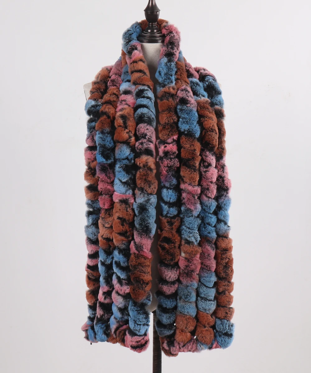Neue Marke Gestrickter Modischer Damen Echt Rex Kaninchenfell Schal Frauen Winter Warmer Natürlicher Pelzschal Langer Stil Echter Pelz Halswärmer – Detail 22