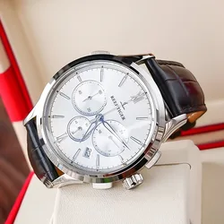 Reef Tiger/RT Luminous Watch Men Luxury Watch White Dial Date Steel Watch Chronograph Quartz Leather Strap RGA1669