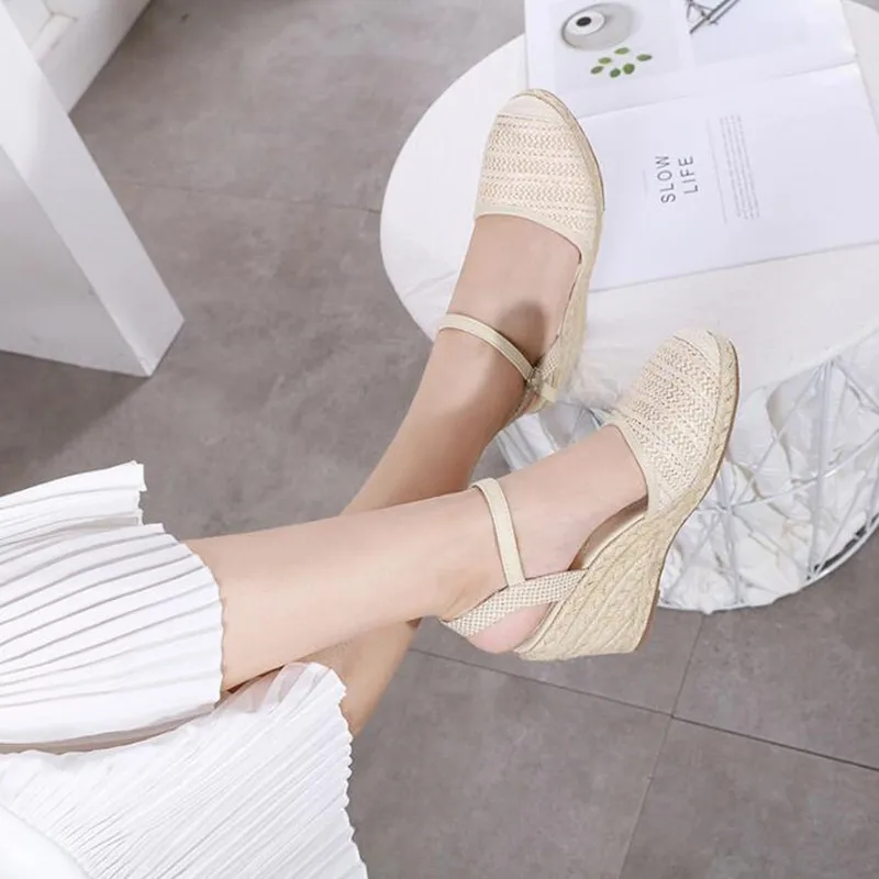 Straw Braided Women Wedge Sandals 2022 Summer Closed Toe Pumps for Ladies Ankle Strap Fisherman Shoes босоножки женские