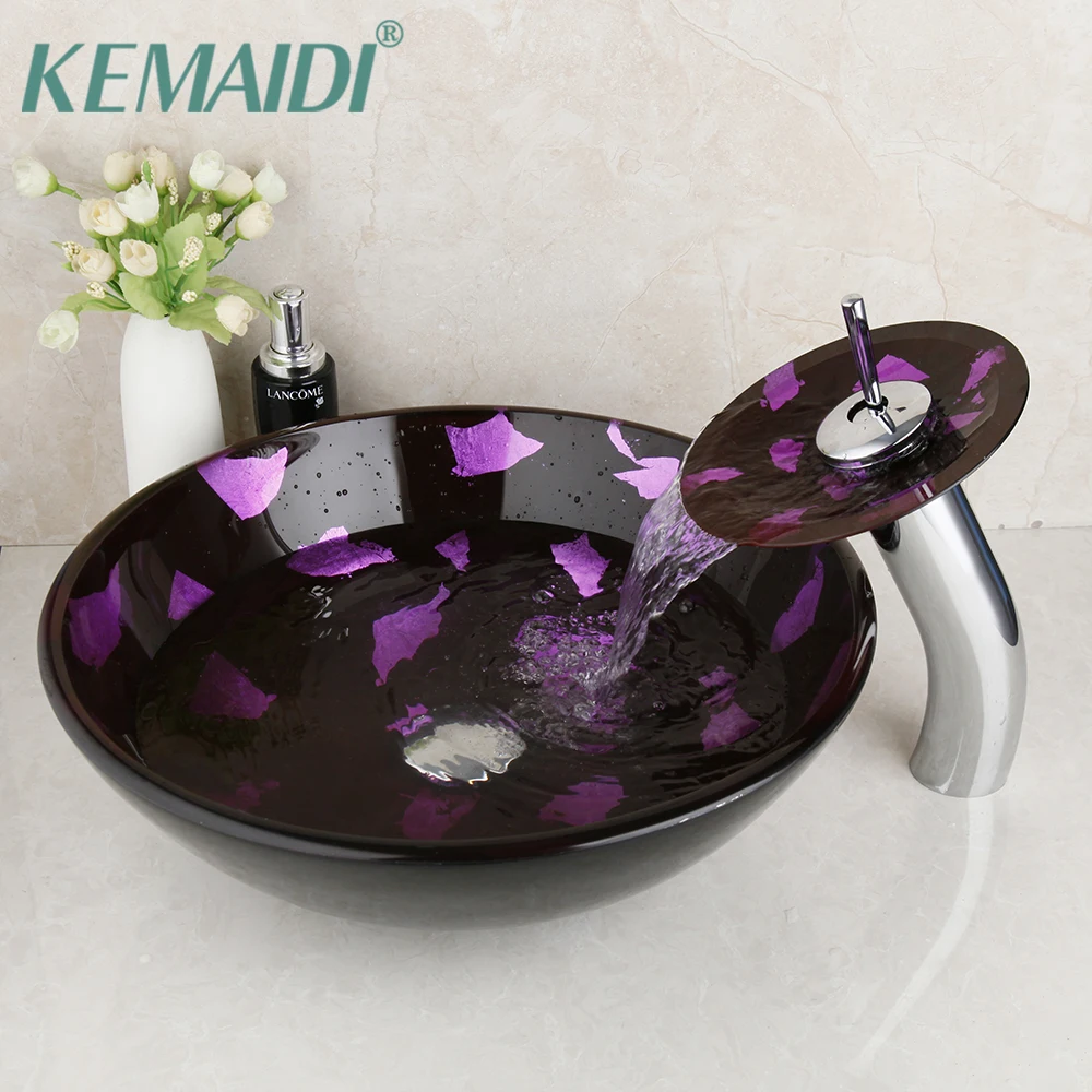 KEMAIDI Purple Art Design Bathroom Wash Basin Faucet Set Victory Tempered Glass Sink Brass Faucet Counter Top Mixer Tap