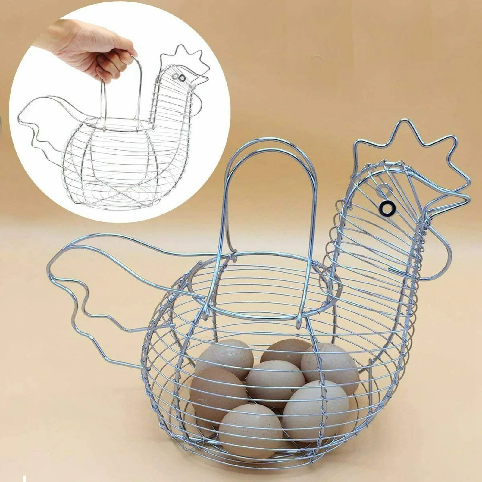 Wire Metal Egg Baskets Vintage Storage Rustic Chicken Hen Shape with Handle