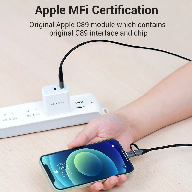 Vention 2 in 1 Cable USB A To Lighting Cable MFi Certified For iPhone 14 13 12 AirPods iPad USB Data Cable For Samsung Xiaomi