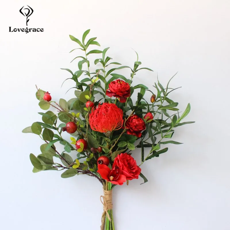 Lovegrace 結婚式のブーケ手作りウェディングローズフラワー赤結婚用品 Leucospermum 蘭ウェディング用品バルーン花