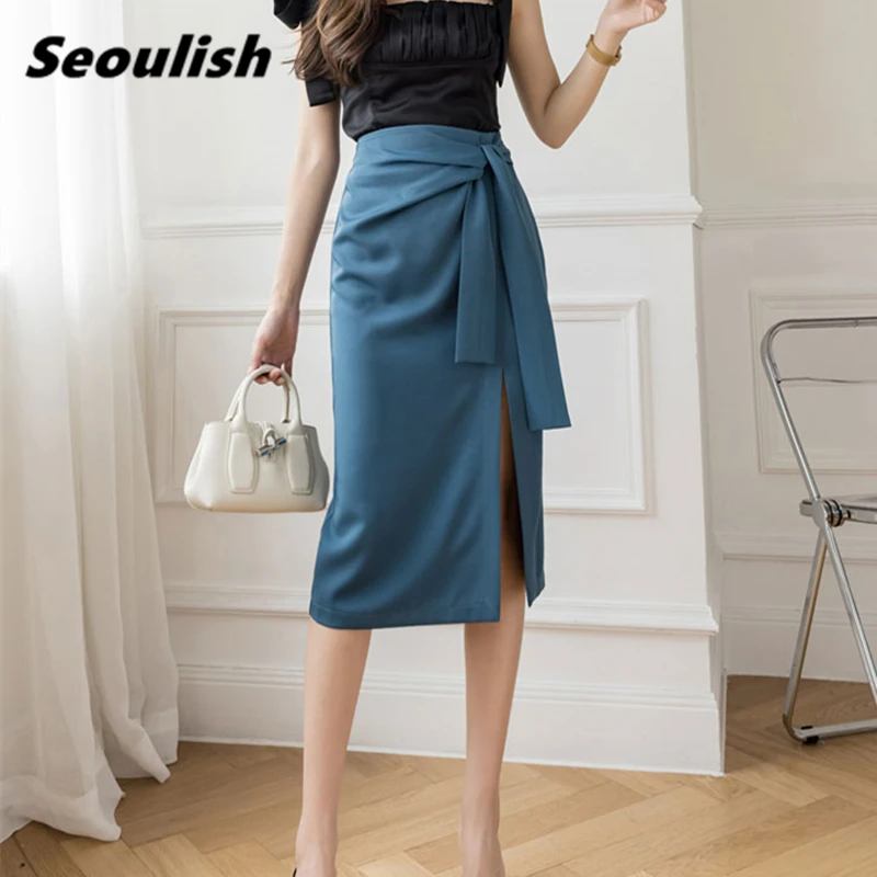 

Seoulish Summer 2022 New Irregular Wrap Midi Skirts Lace Up Women's High Waist Female A-Line Side Split Office Skirts Lady