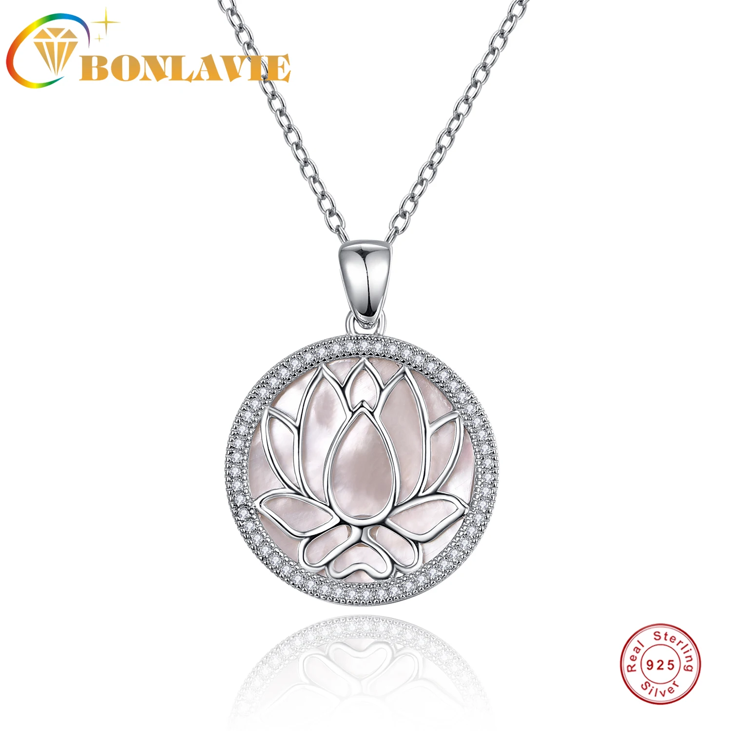 BONLAVIE White Fritillaria Lotus Design with Zircon Round Pendant 925 Silver Necklace Women Jewelry