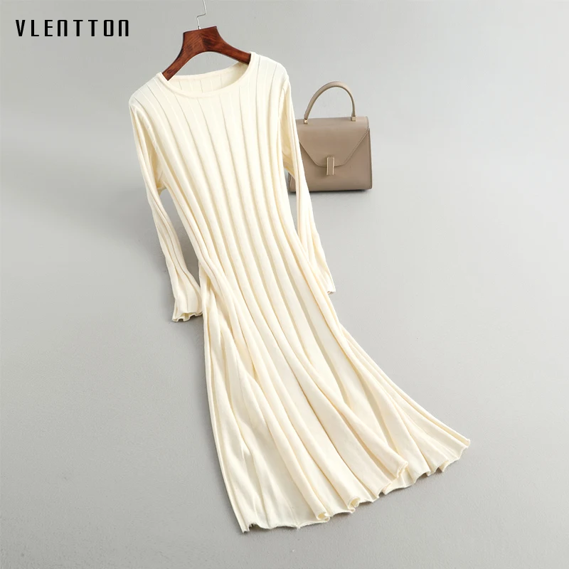 2020 Spring Autumn Knitted Midi Dress Women O-Neck Long Sleeve Casual Striped Sweater Dresses Female Vestidos De Fiesta De Noche