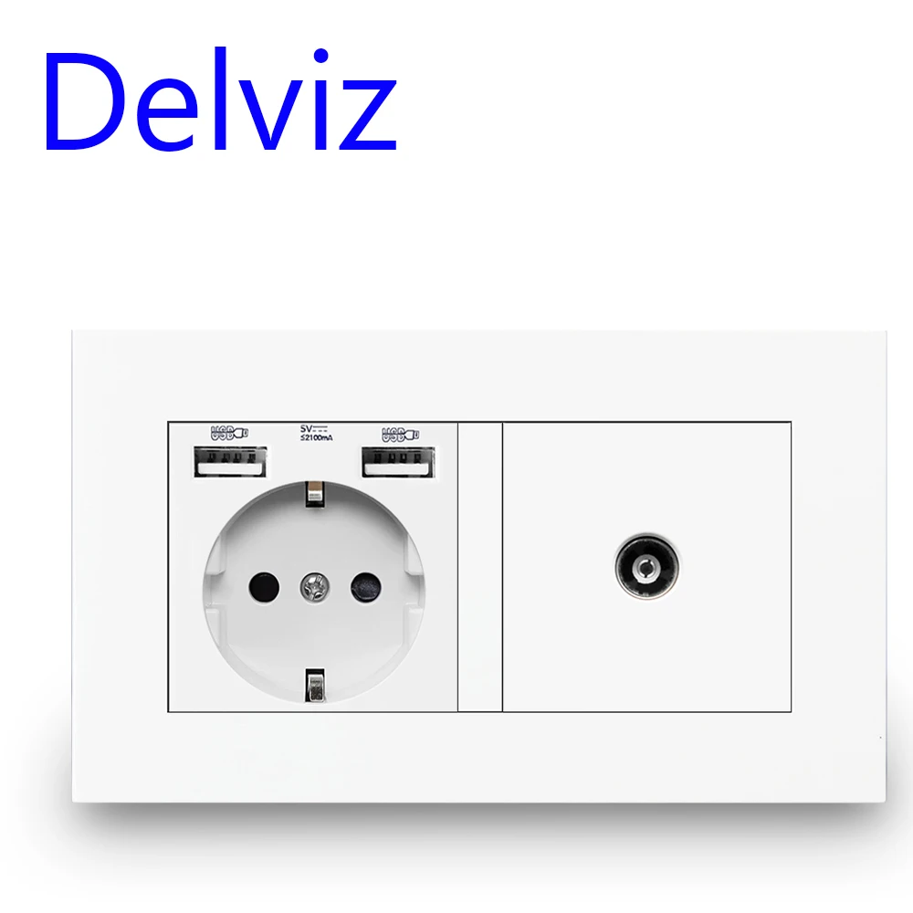 Delviz TV Wall Socket Cable Interface, Home decoration 16A Grounded With Female TV Jack,146mm*86mm, EU Standard USB Power Socket