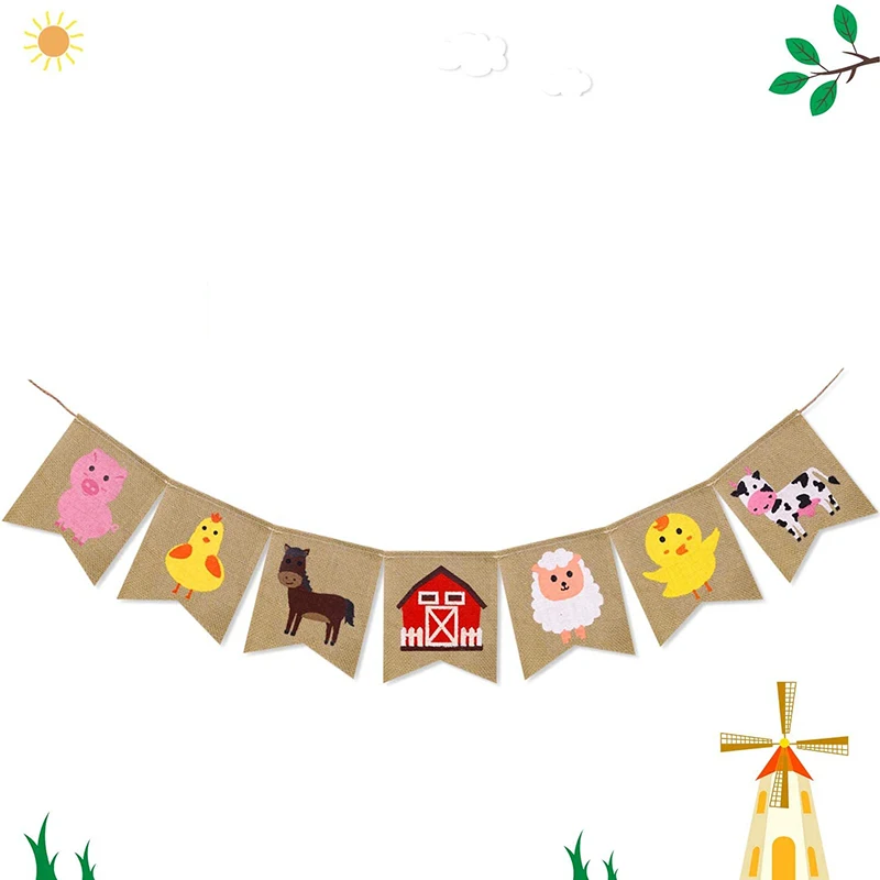 Kuh Schaf Küken rustikale Bauernhof Tier Scheune Hof Bauernhaus Geburtstag Party Baby Dusche Hochstuhl Dekoration Sackleinen Banner Zubehör – Detail 3
