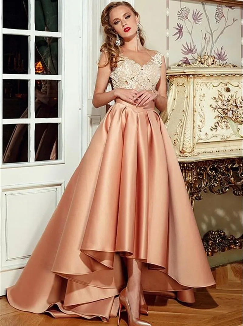 

Vestido De Noiva Fashionable Satin Bateau Neck High Low Evening Dress 2021 Lace Appliques Champagne Sexy Prom Party Gowns