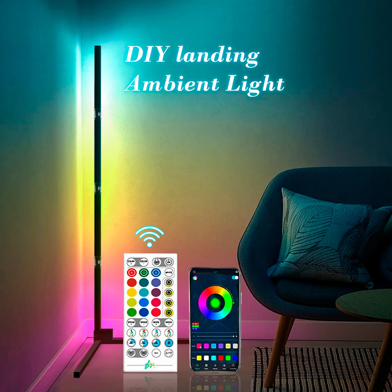 Remote LED Corner Floor Lamps, RGBWW, RGB IC, 5V, LED Lights for Christmas Room Decor, Dream Color, 1.5m