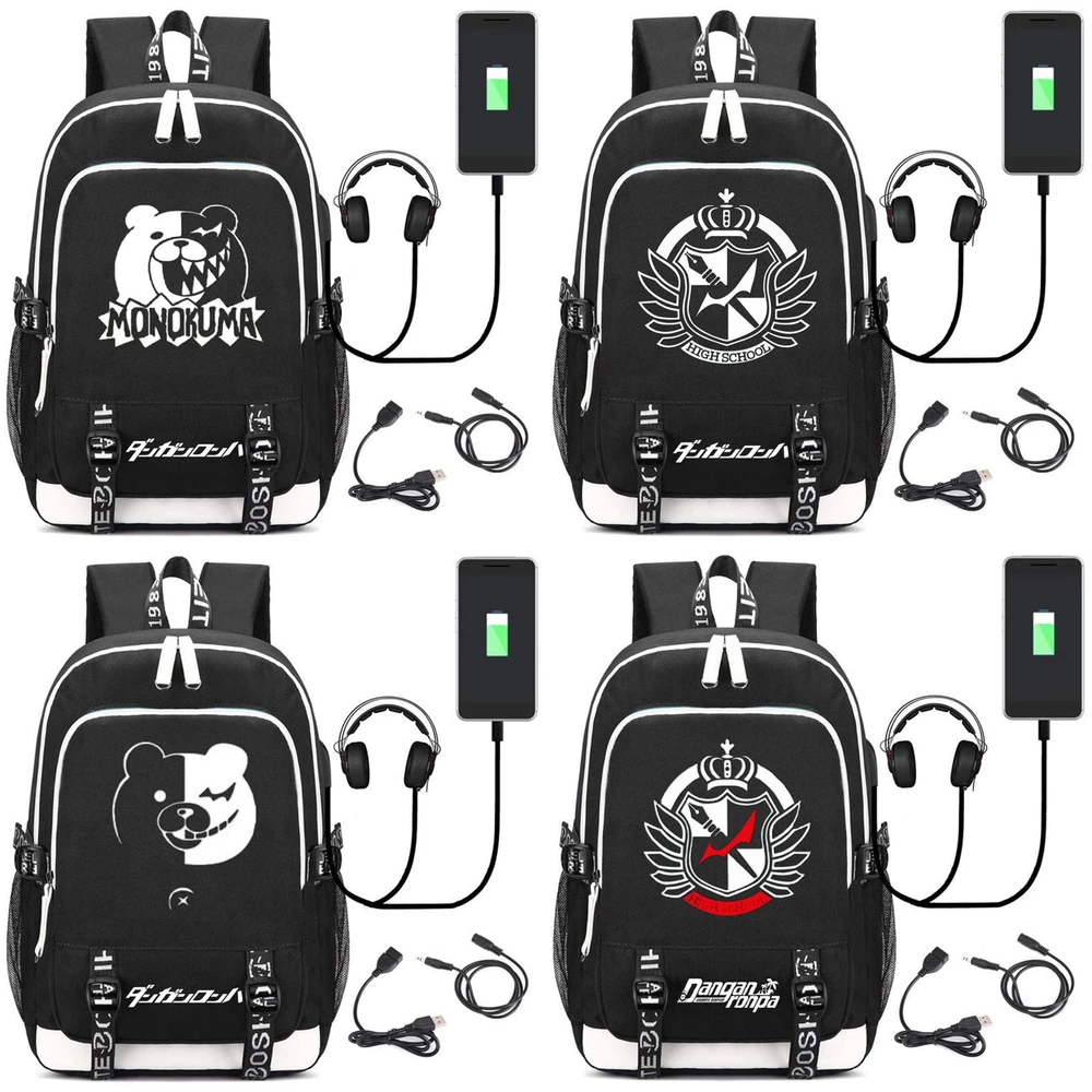 Danganronpa DIY USB Backpack Luminous Monokuma Cosplay Bookbag for Boys Girls Unisex Bag Black School Mochila