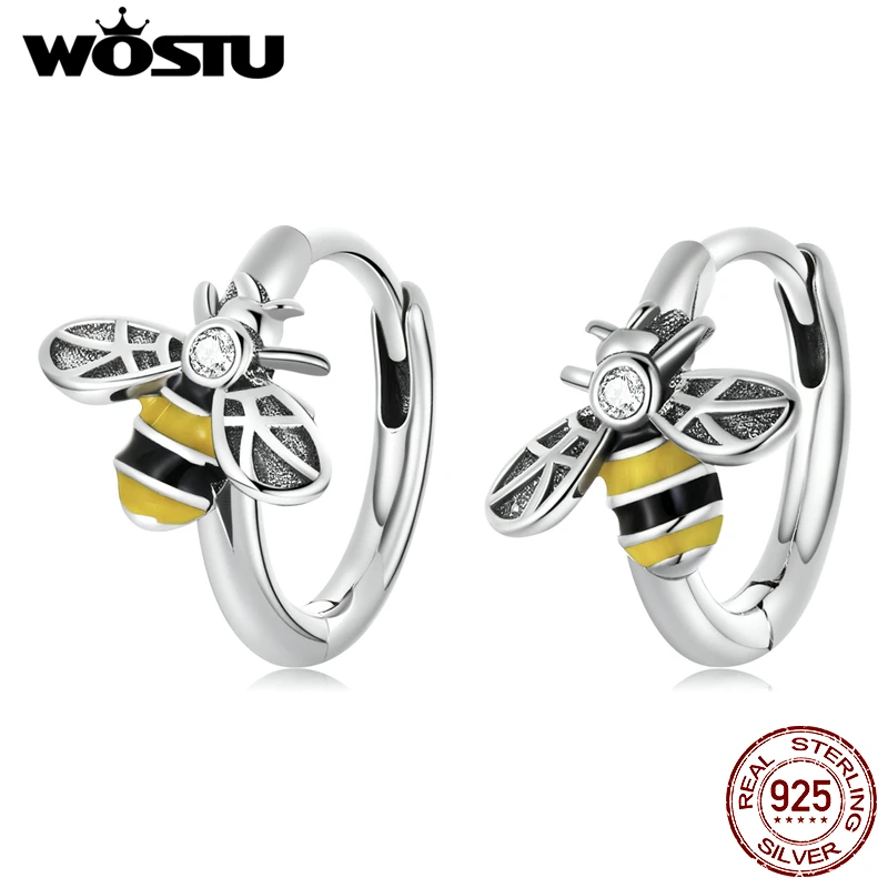 WOSTU 925 Sterling Silver Mini Bee Small Hoop Earrings For Women CZ Circle Small Earrings Lady Jewelry 2021 Yellow Black E1337