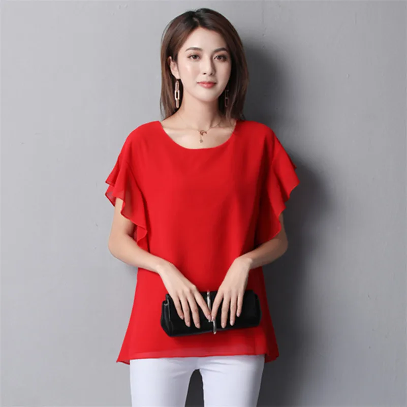 Women Chiffon Blouse 2024 Summer Short Butterfly Sleeve Office Ladies Shirts Elegant Work Tops Female Clothing