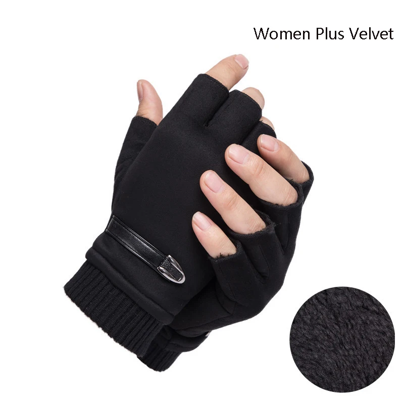 Man Women Winter Keep Warm Plus Velvet Thicken Thin Outdoor Sports Climb Cycling Drive Fitness Half Finger Tactical Gloves Suede