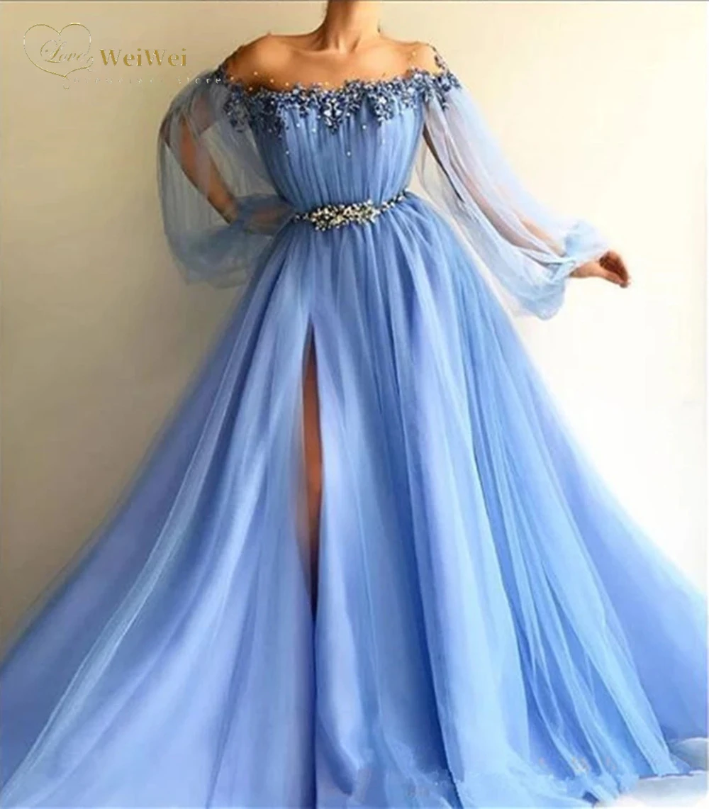 Blauw Uit De Schouder Avondjurken Bladerdeeg Lange Mouwen Applicaties Kralen Tulle Split Side Prom Jurken Vrouw Party Night