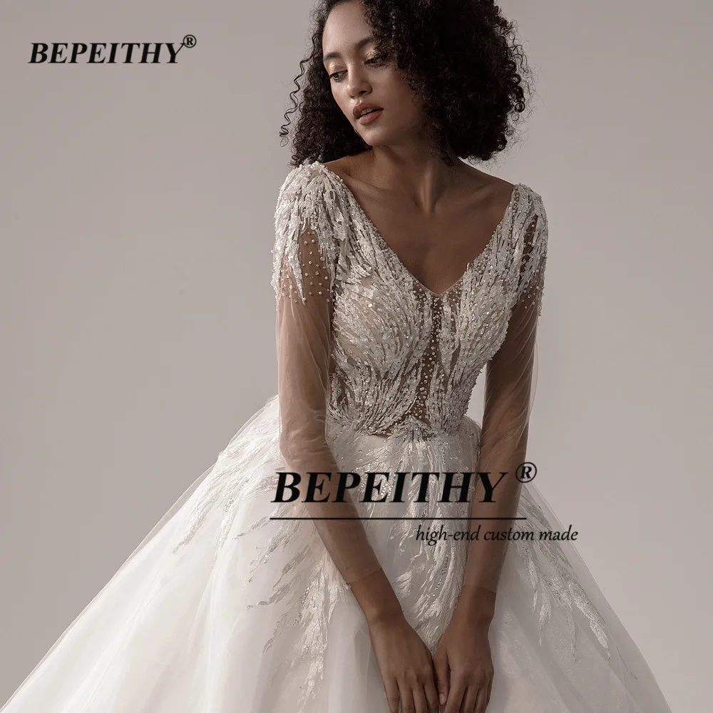 BEPEITHY-vestido de novia blanco con espalda descubierta para mujer, traje de novia de manga completa con cuello en V y cuentas transparentes, color marfil, 2023