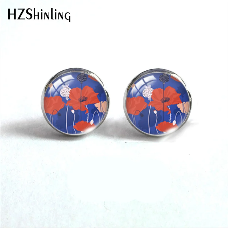 vintage Poppies Flower Pattern Round Glass Cabochon 12mm Stud Earrings Jewelry