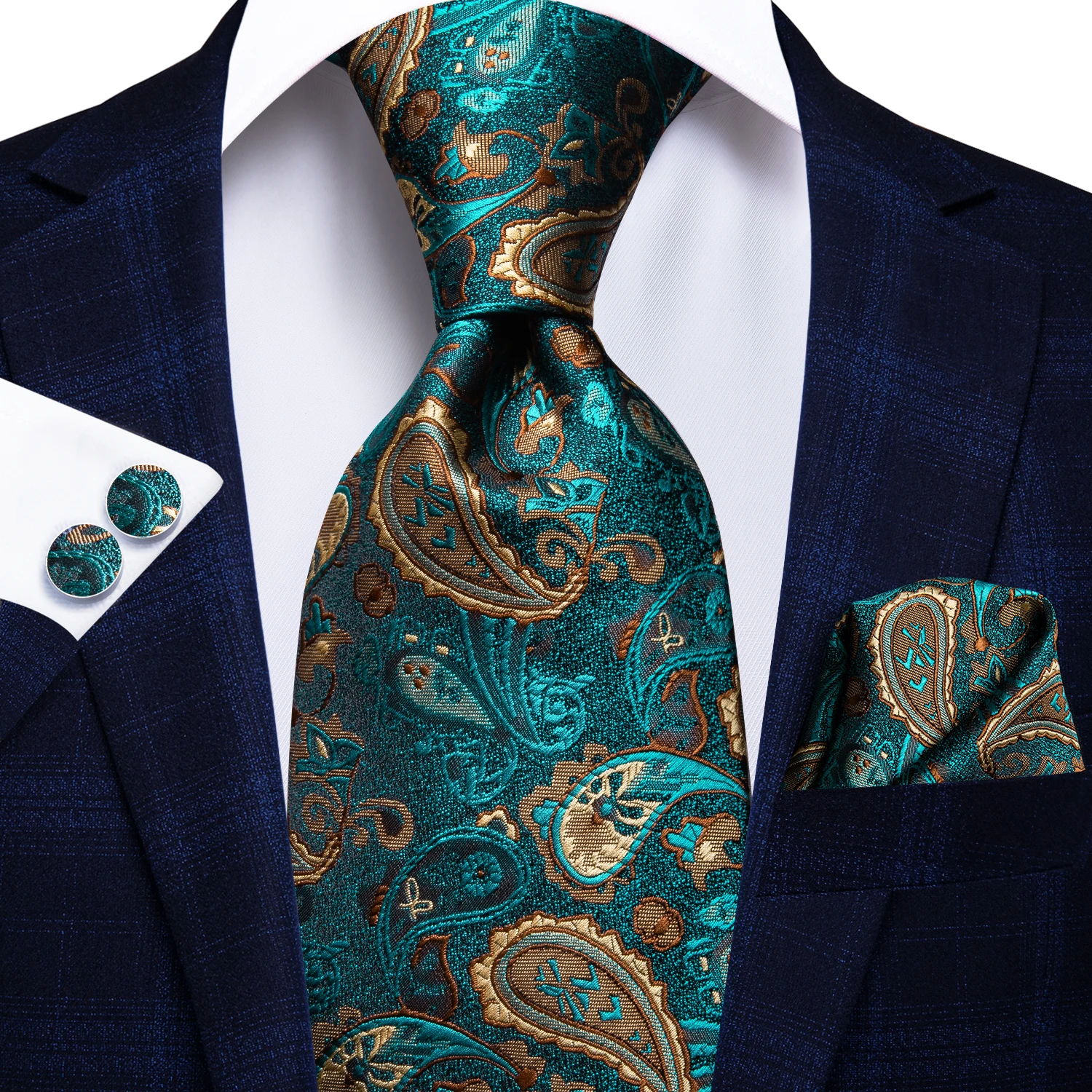 

Hi-Tie Men's Tie Set Luxury Dark Green Paisley Silk Wedding Ties For Men New Fashion Design Hanky Cufflinks Set Quality Necktie