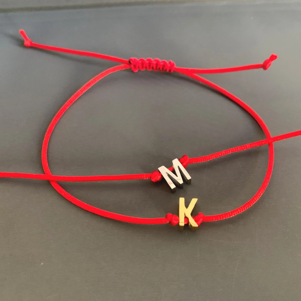 Handmade DIY Glossy Steel Letter Red Rope Wristband Bracelet Elastric Causal Wrist Chain String Strand Thread Arm Cuff Jewelry