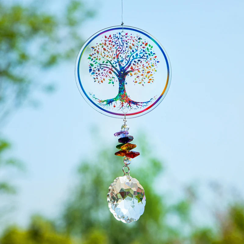 H & D-Chakra Tree of Life Suncatcher, cristal artesanal, decoração mandala prisma, janela, carro, arte da parede, ornamento pendurado para casa e