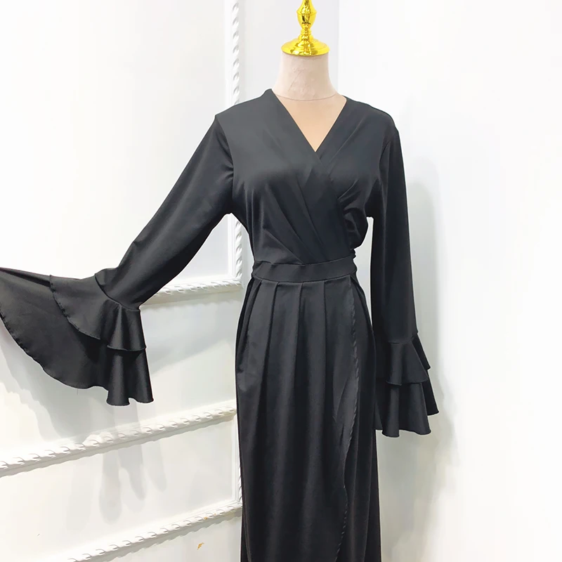 Wrap Front Long Dress Abaya Muslim Women Fashion Flare Sleeve Pleated Front Slit Party Dresses Islamic Arabic Turkey Clothes