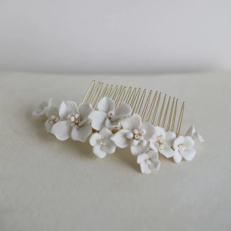 SLBRIDAL Handmade Ins Style White Porcelain Flower Leaf Pearls Bridal Hair Comb Wedding Headband Hair accessories Women Jewelry