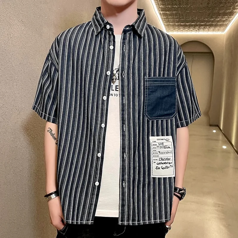 Summer Shirt Men's stripe Pocket High-end Original Baggy Cotton Square Collar Cardigan Personality Small Fresh Short Sleeve