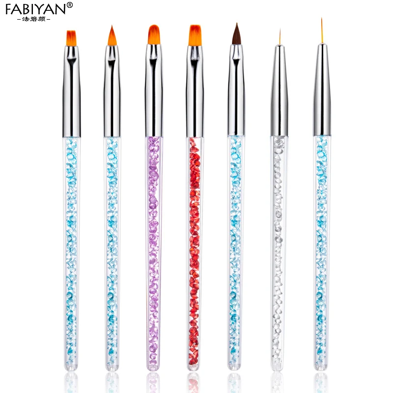 7pcs Nail Art Brush Painting Drawing Pen Fan Flat Gradient Liner Round Acrylic UV Gel Polish Crystal Tips Manicure Tools