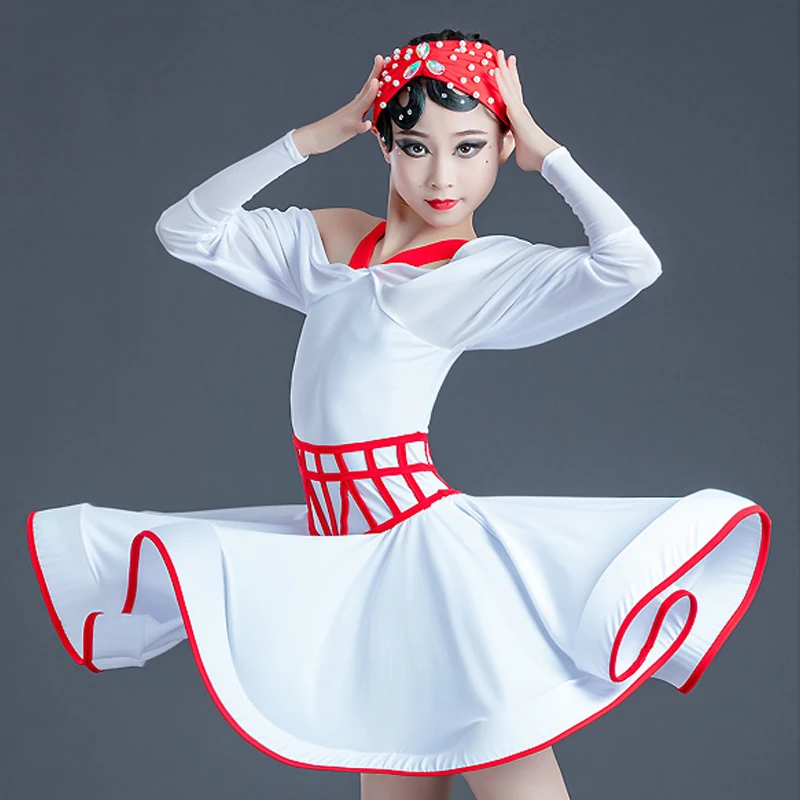 

Latin Dance Performance Dress For Girls White Off Shoulder Children Latin Costume Samba Cha Cha Tap Dance Practice Wear BL5167