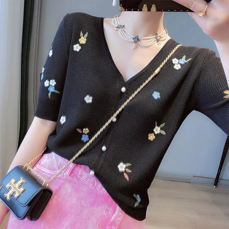 Floral Embroidery Thin Knitted Cardigans Sweaters Summer Women Korean Fashion V-neck Short Sleeve Single-breasted Ice Silk Tops