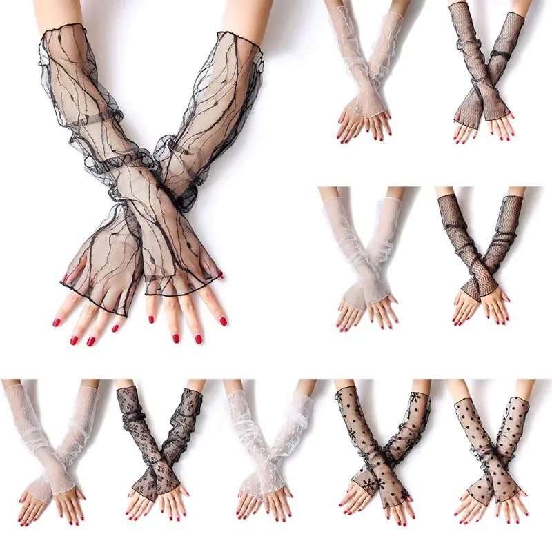 10 10 Style Women Girls Summer UV Protection Sunscreen Long Gloves Sheer Fishnet Mesh Lace Fingerless Arm Sleeves Jacquard Socks