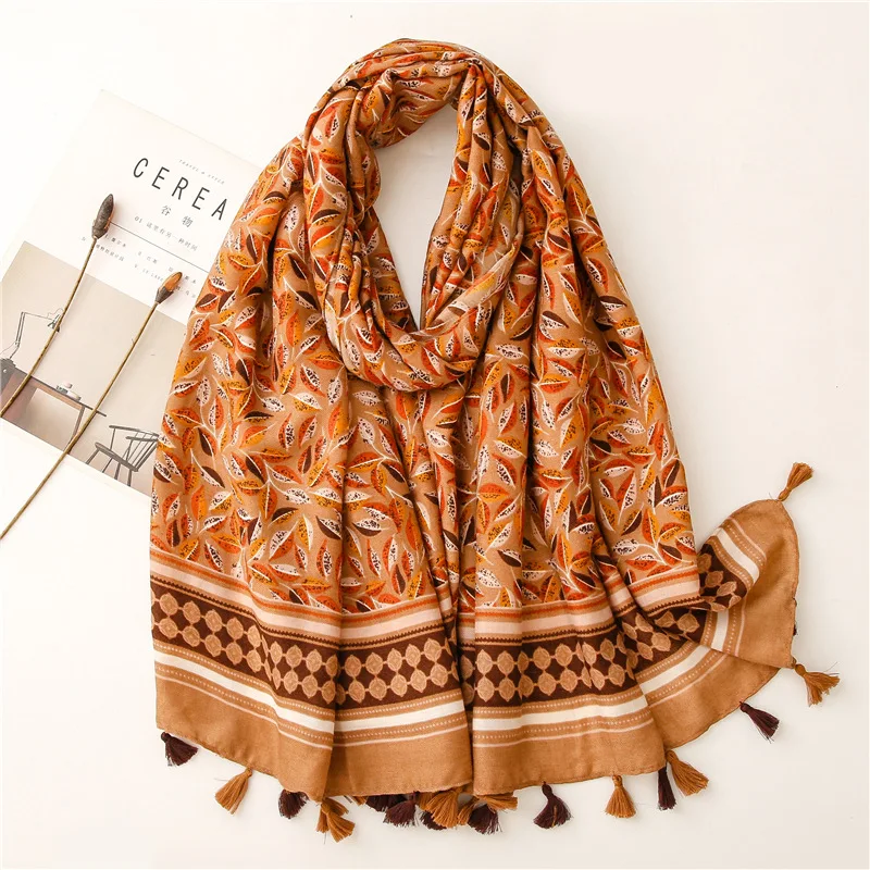 Fashion Winter Scarf For Women Hijabs Retro Green Leaf Floral Viscose Tassel Scarf Luxury Brand Wraps Female Scarves And Shawls