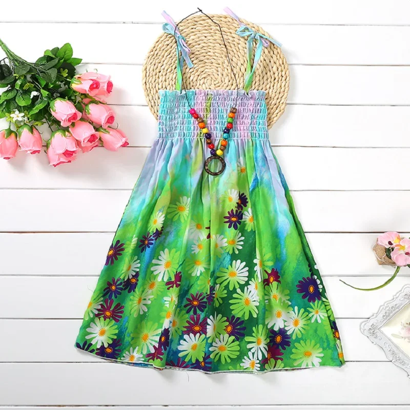 Summer Girls Floral Dress Sling Ruffles Bohemian Beach Princess Dresses for Girl Clothing  2 6 8 12 Years With Necklace Gift