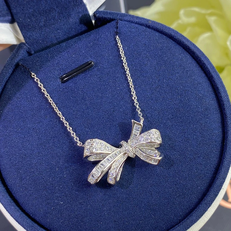 Luomansi Super Flashing Bowknot Diamond S925 Silver Necklace Fine Jewelry Wedding Party Birthday Romantic Woman Gift