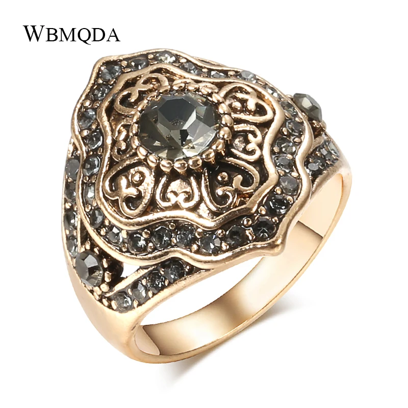 Wbmqda Hot Boho Ethnic Bride Wedding Crystal Ring Antique Gold Color Big Zircon Stone Rings For Women Vintage Jewelry