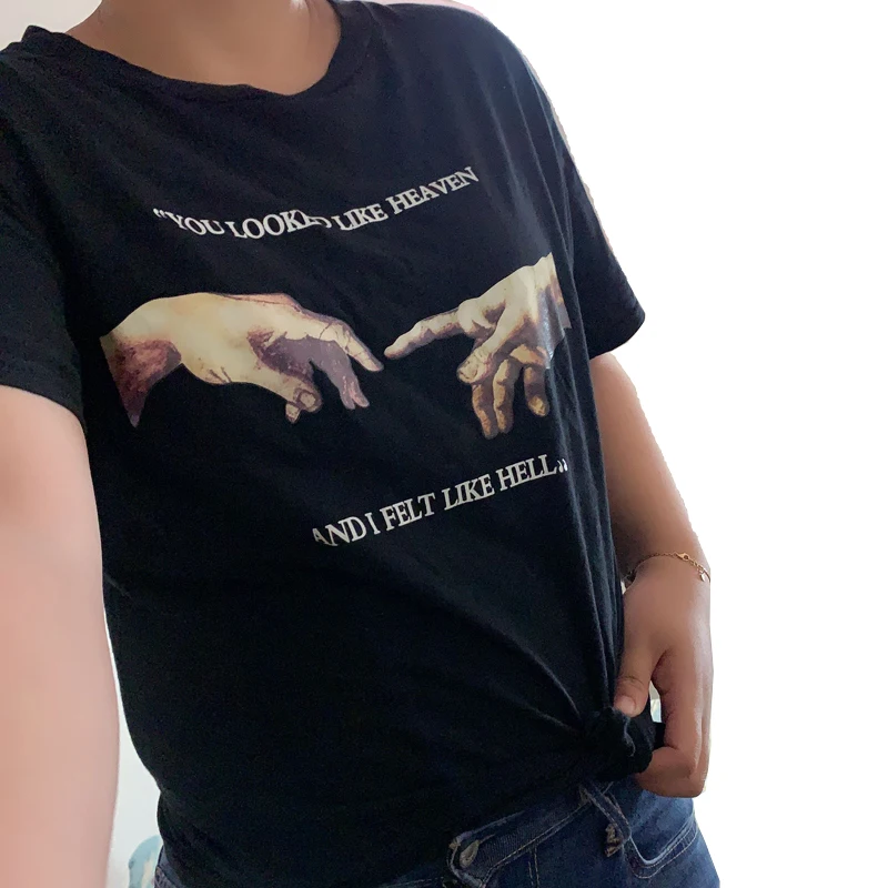 PUDO-JBH 1 قطعة أسود التي شيرت الصيف النساء تي شيرت كنت تبدو وكأنها السماء وشعرت مثل الجحيم مايكلانجيلو الحكم الماضي #6