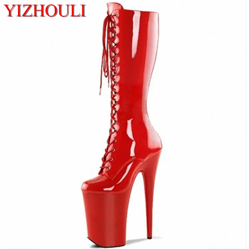 8 inch high heel boots for women, 20cm high heel zipper open-top model shoes, mid boot, sexy model stage and knee boots