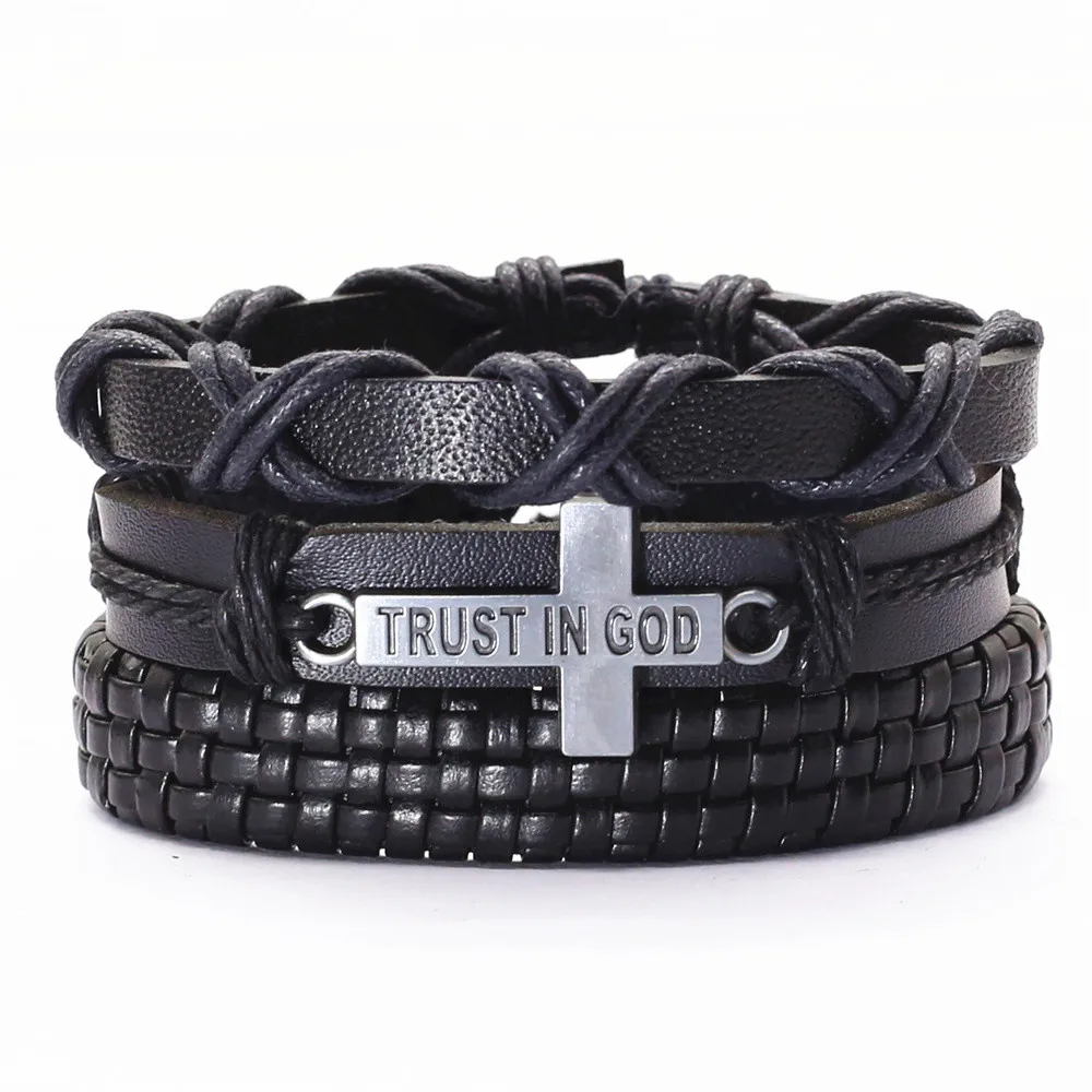 Trendy Black Brown Genuine Leather Woven Guitar TRUST IN GOD Cross Charm Men Bracelets Women Homme Casual Gift 3 Pcs/set Jewelry