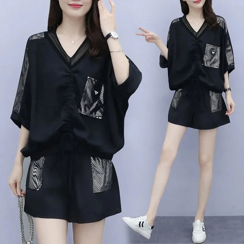 Women Shorts Sets Black 5XL Fashion Ins Loose Short Sleeved Shorts Suit Summer Fat MM Was Thin Age Reducing Two Piece Sets Lady