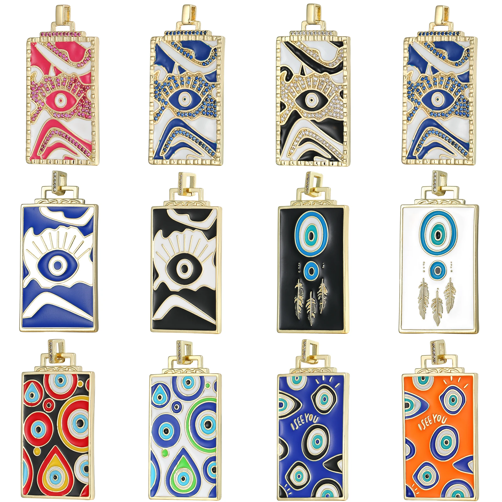 Juya 18K Gold Plated Handmade Enamel Square Fatima Hand Greek Evil Eye Charms For DIY Talisman Turkish Pendant Jewelry Making