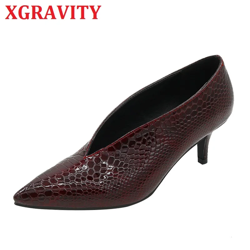 

XGRAVITY Crocodile Pattern Ladies Fahshion High Heel Pumps Luxury Women V Cut Party Shoes Pointe Toe Dress Shoes For Ladies Shoe