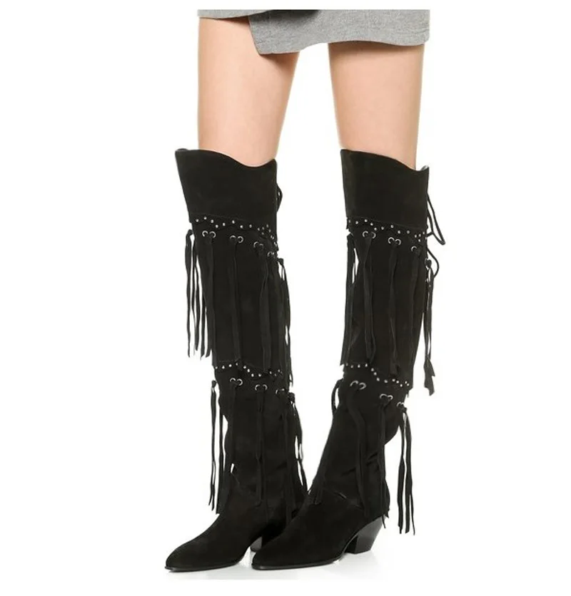 British Rivets Studs Fringed Thigh Boots Eyelet Long Tassel Suede Over The Knee Boots Pointed Toe Chunky Heels LOng Botas Woman