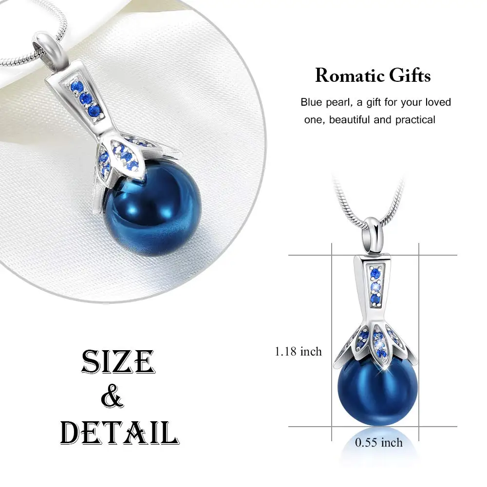 Cremation Jewelry for Ashes Blue Pearl Urn Pendant Memorial Necklace Stainless Steel Ashes Holder Keepsake for Women