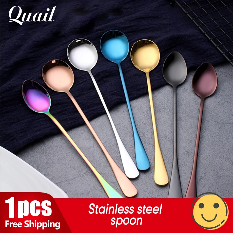 Quail 1pcs 7 colors Stainless Steel Spoon With Handle Ice Spoon Coffee Spoon Tea Home Kitchen Tableware Spoons Mixing spoon