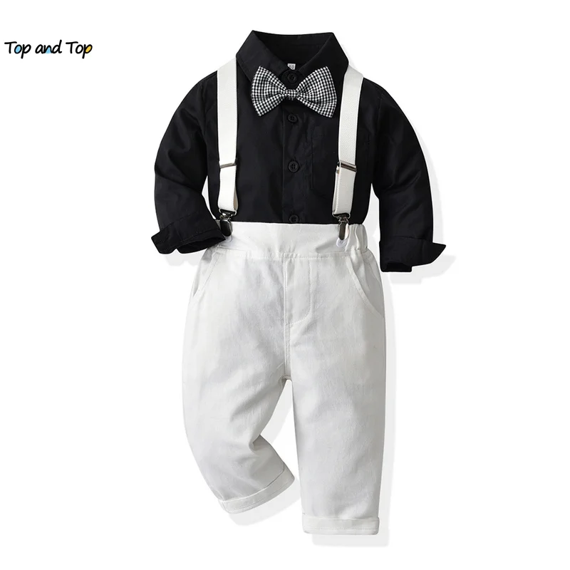 top and top New Kids Boy Clothes Set Boys Gentleman Long Sleeve Shirts with Bowtie+Suspenders Pants Suits for Wedding Party