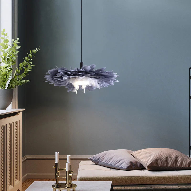 Nordic Creative Grey Feather Pendant Lights 3 Light Color LED Girl Baby Kids Hanging Light for Bedroom School Wedding Lighting