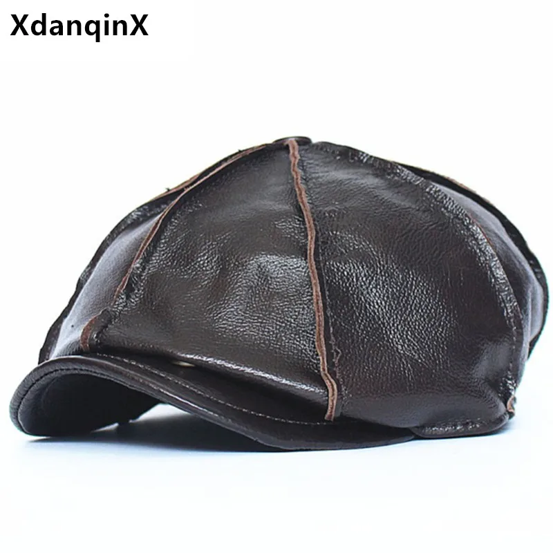 XdanqinX New Autumn Winter Men\'s Cowhide Hat Warm Berets Natural Genuine Leather Caps Snapback Cap Simple Casual Fashion Hats