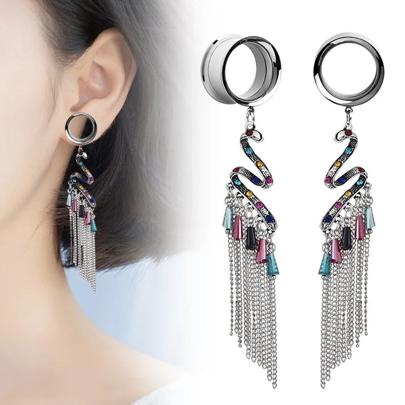 2pcs Ear Piercing Crystal Earring Rings Ear Plugs Tunnels Ear Expansions Tassel Ear Reamer surgical steel Ear Dilations Jewelry