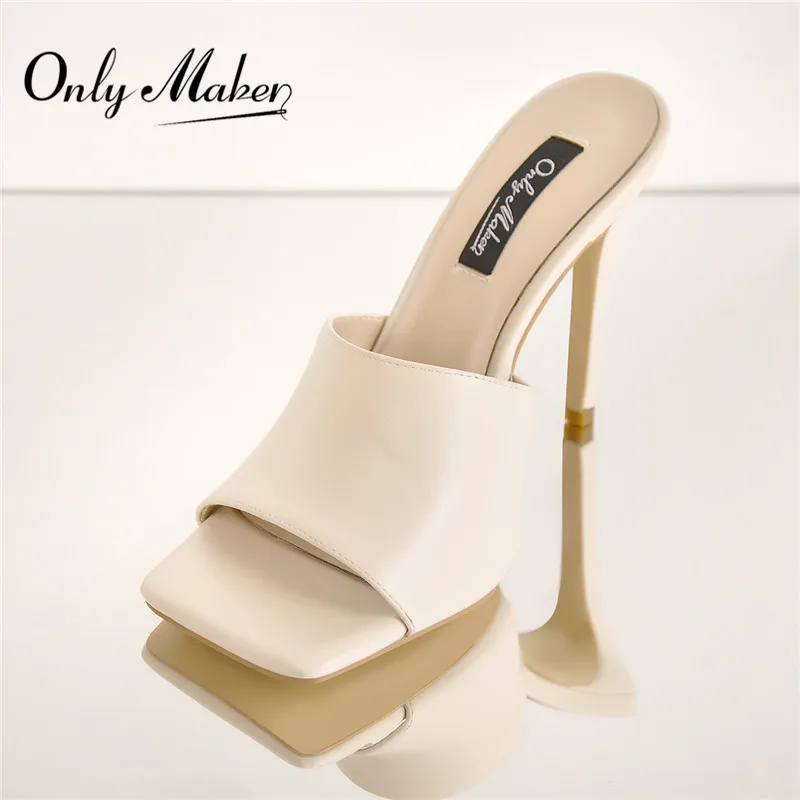 Onlymaker Square Toe Mules Slip On Beige Thin High Sandals Big Size US5~US15